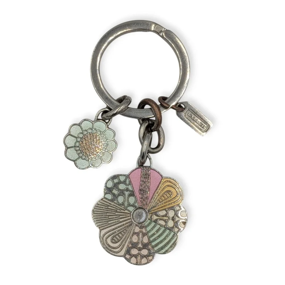 Coach Floral Patchwork Keychain Vintage Silver Multicolor Signature Bag Charm